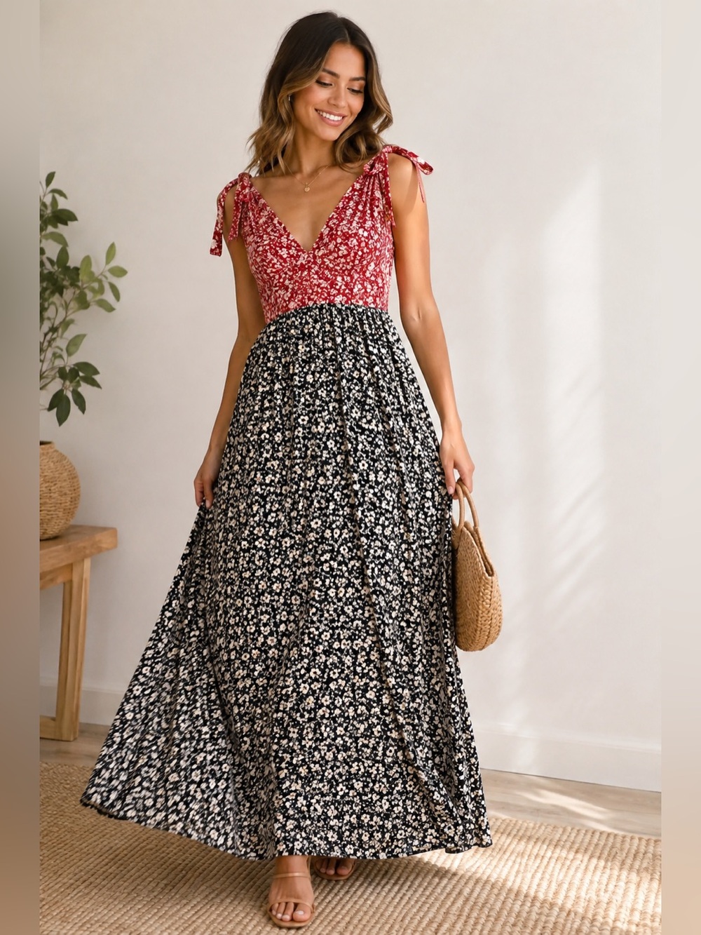 ASOS Mixed Floral Print Maxi Dress Red Black White Boho size 6